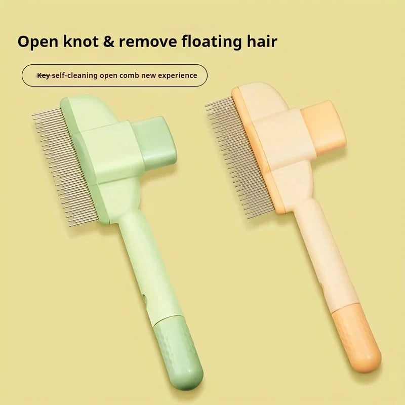 Two pet grooming combs with metal teeth, one sage green and one peach, featuring an easy-clean button on the head.