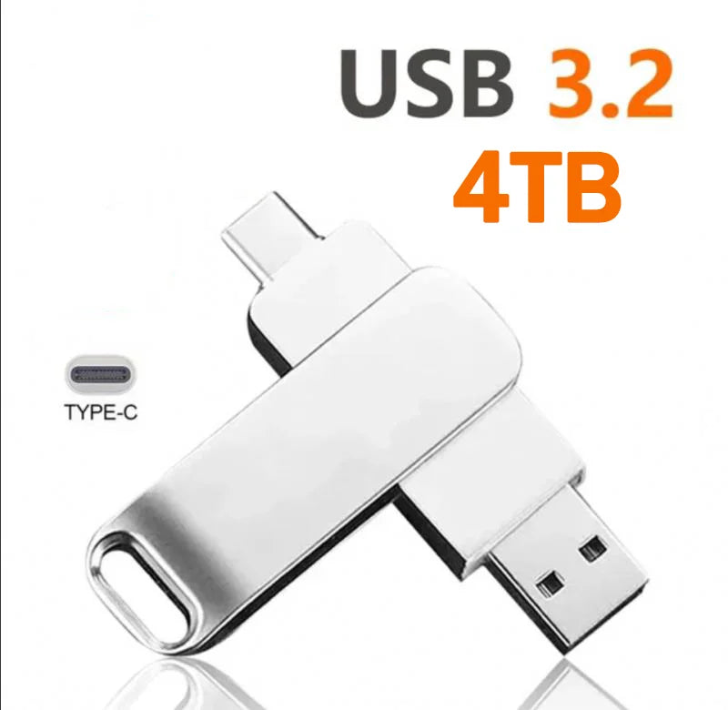 Sleek silver metal dual-interface flash drive featuring USB-A and USB-C connectors.