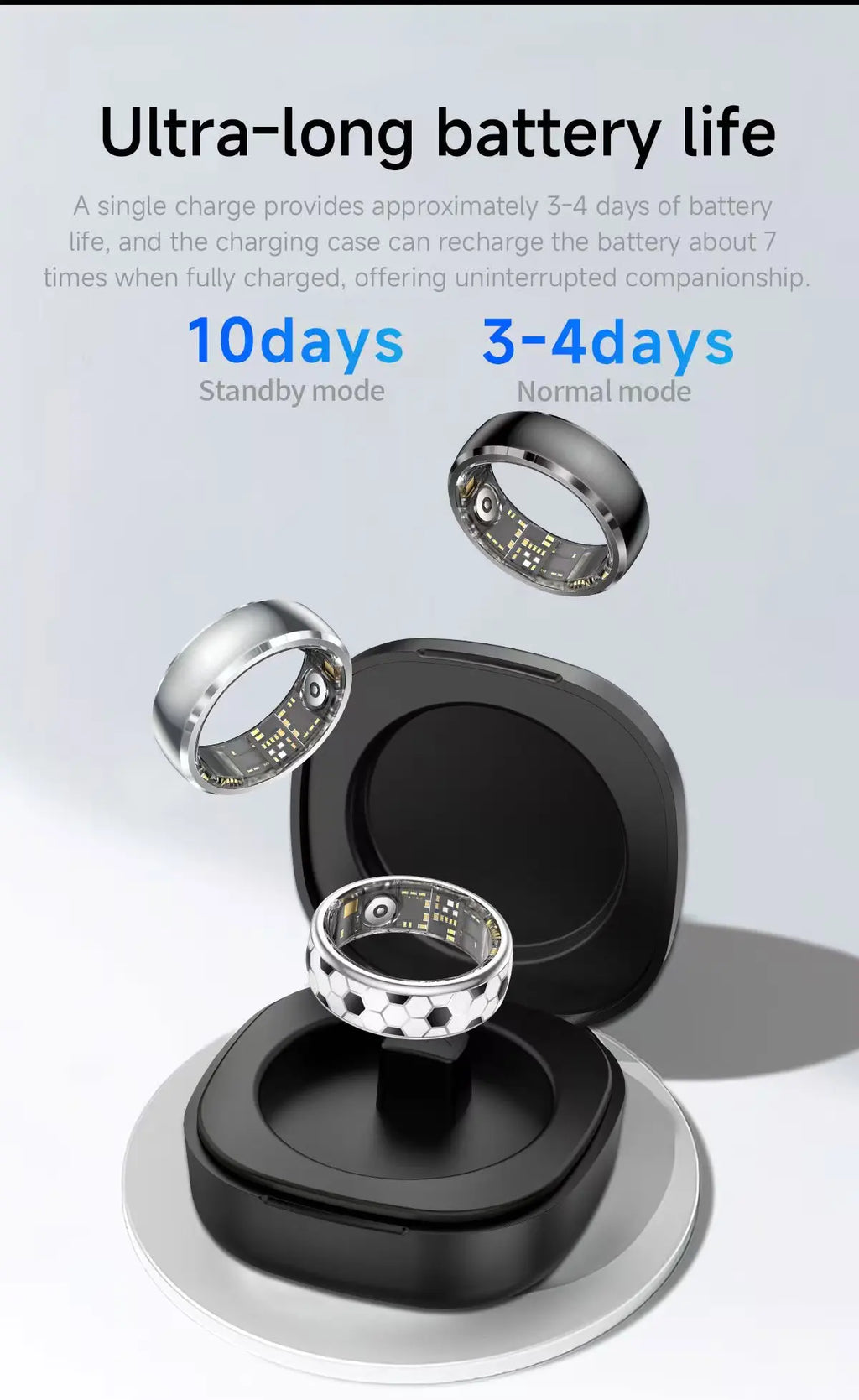 Silver and black smart fitness rings floating above a black charging case, highlighting long battery life.