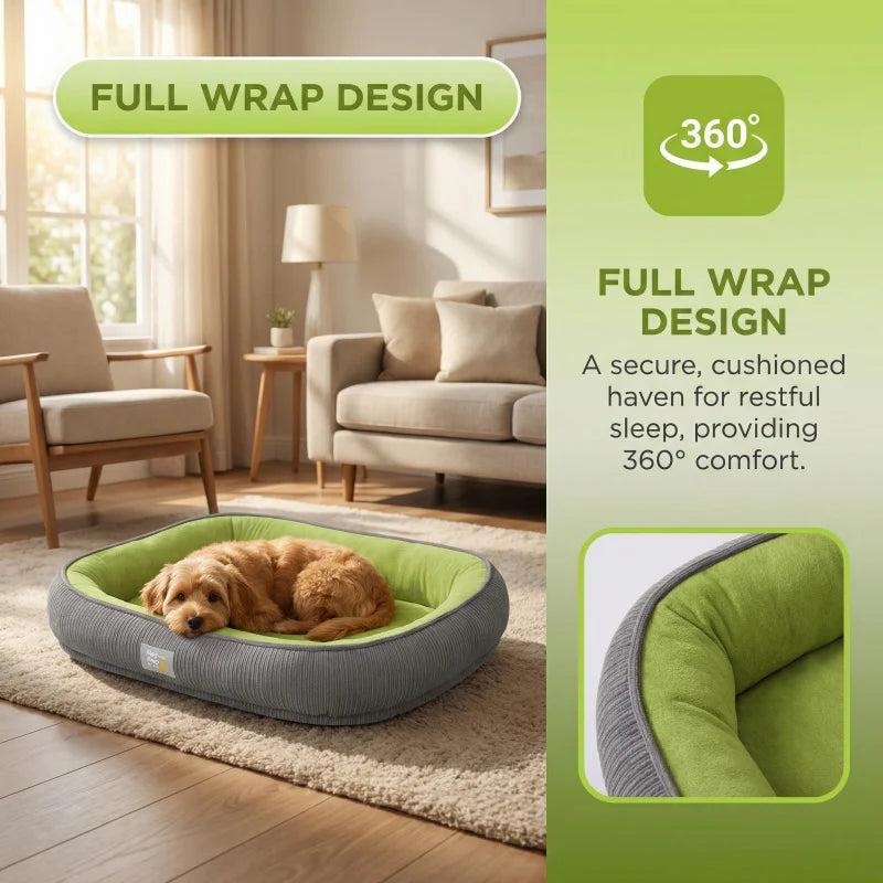 Grey and green rectangular pet bed with raised cushioned walls, featuring a small dog resting inside.