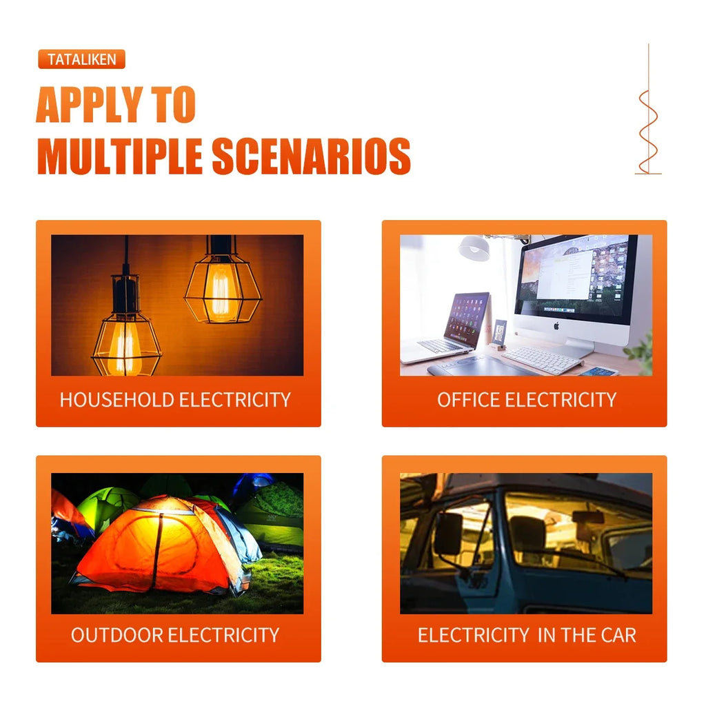 Infographic showing four use cases for a power inverter: home lighting, office equipment, camping, and car power.