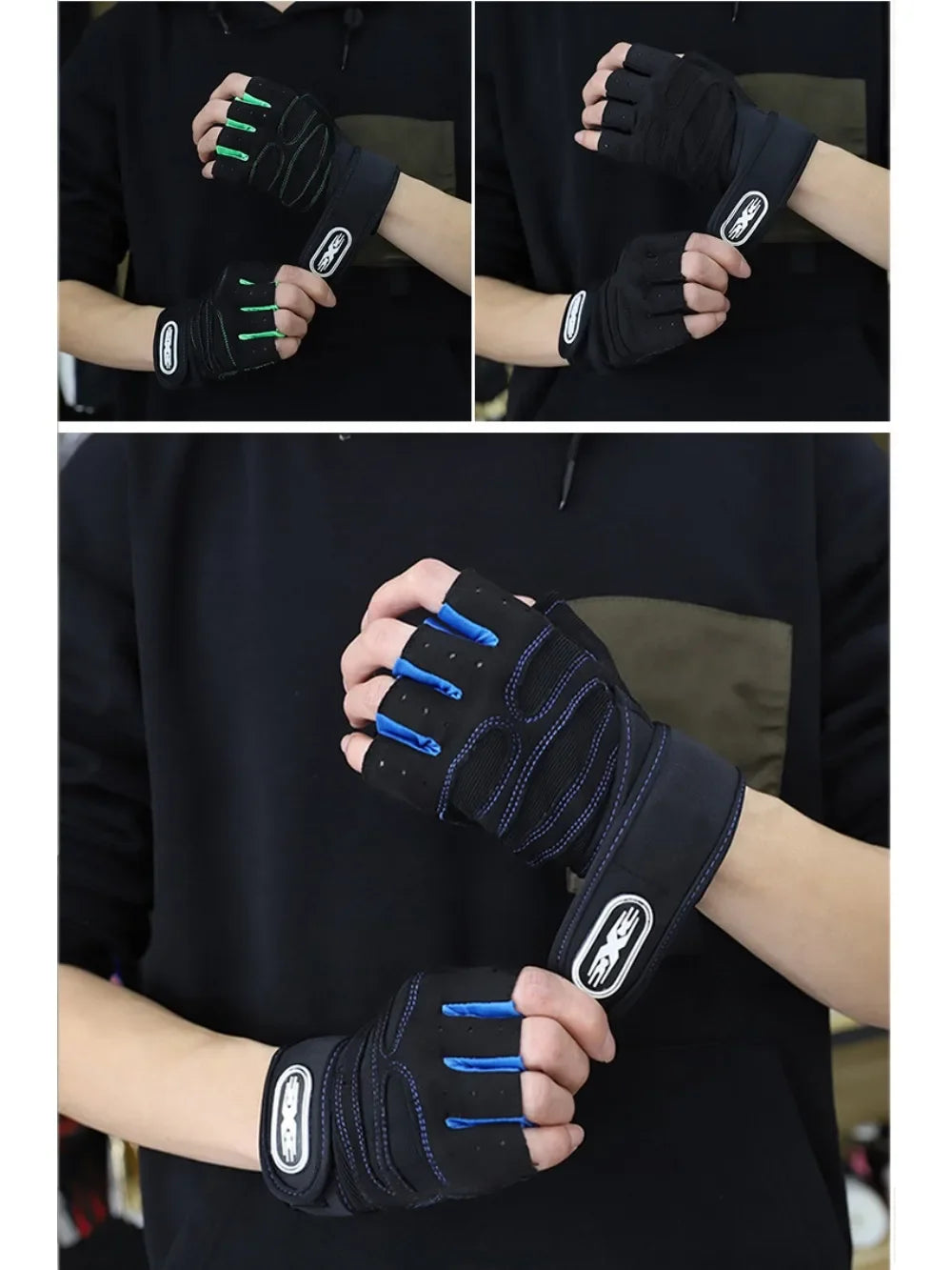 Black gym gloves with wrist wraps and coloured finger accents, shown in three colour options.