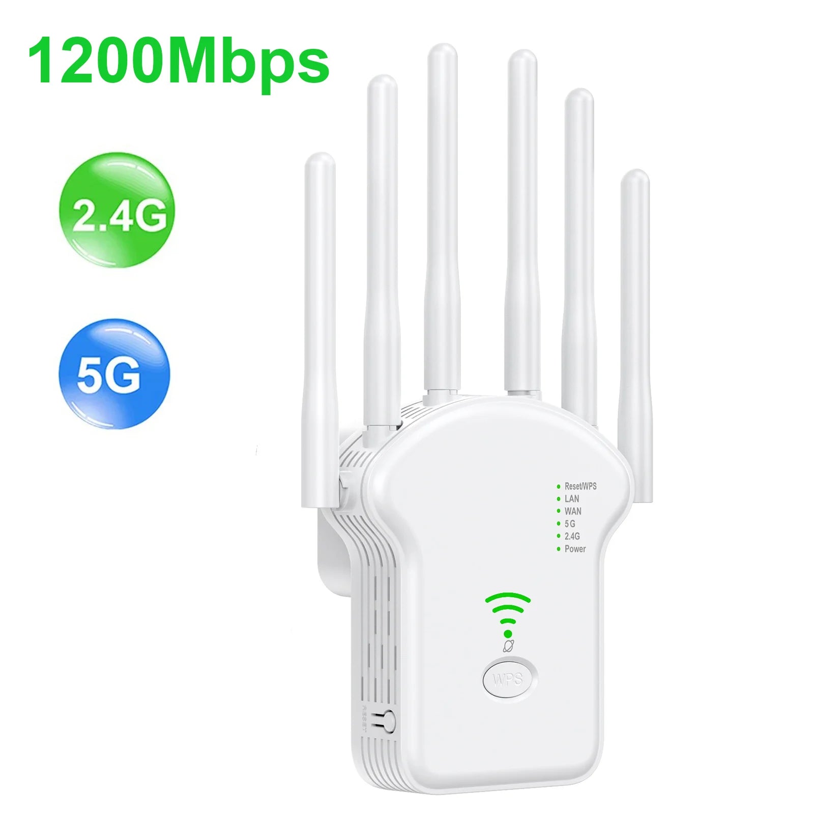 White 1200Mbps dual-band WiFi range extender with four antennas, status indicator lights, and a WPS button.