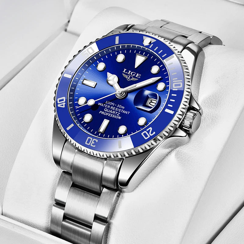 Men’s stainless steel quartz wristwatch with a vibrant blue dial, rotating bezel, and a date window.