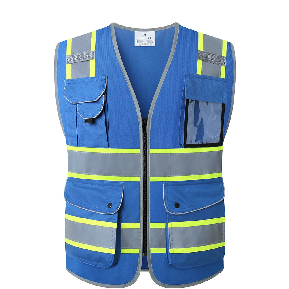 Blue workwear utility vest featuring reflective strips, multiple front pockets, and a clear ID badge holder.