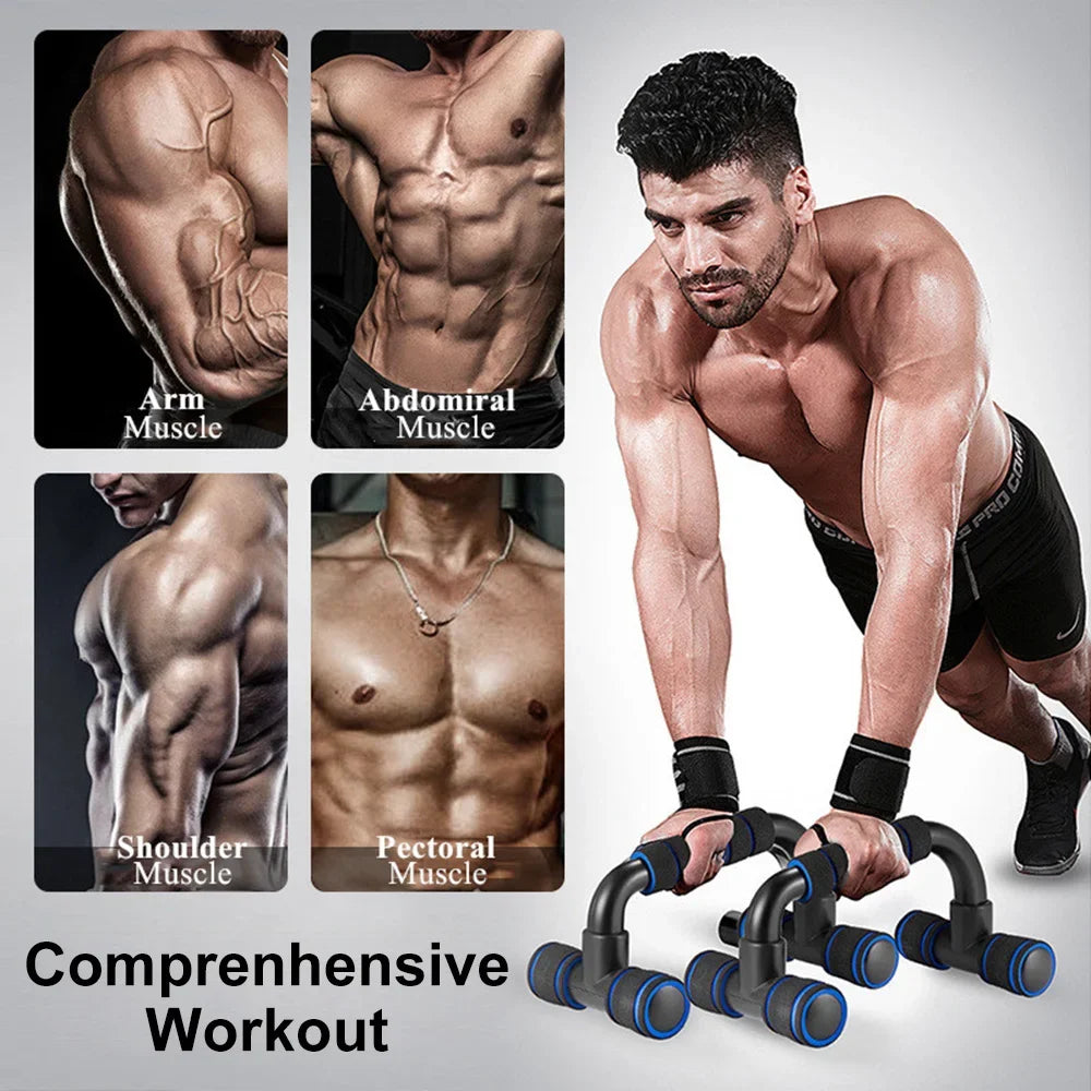 Black push-up bars with blue foam grips, shown in use by a man to target arm, abdominal, shoulder, and chest muscles.
