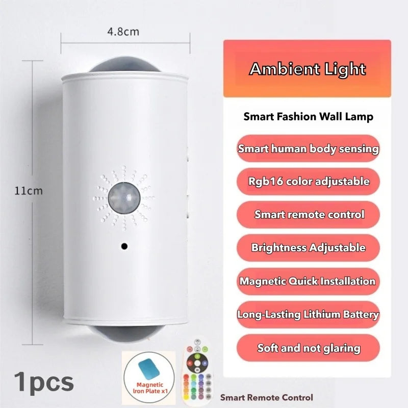 White cylindrical motion-sensor LED wall light with remote control, 16 RGB colours, and magnetic installation.