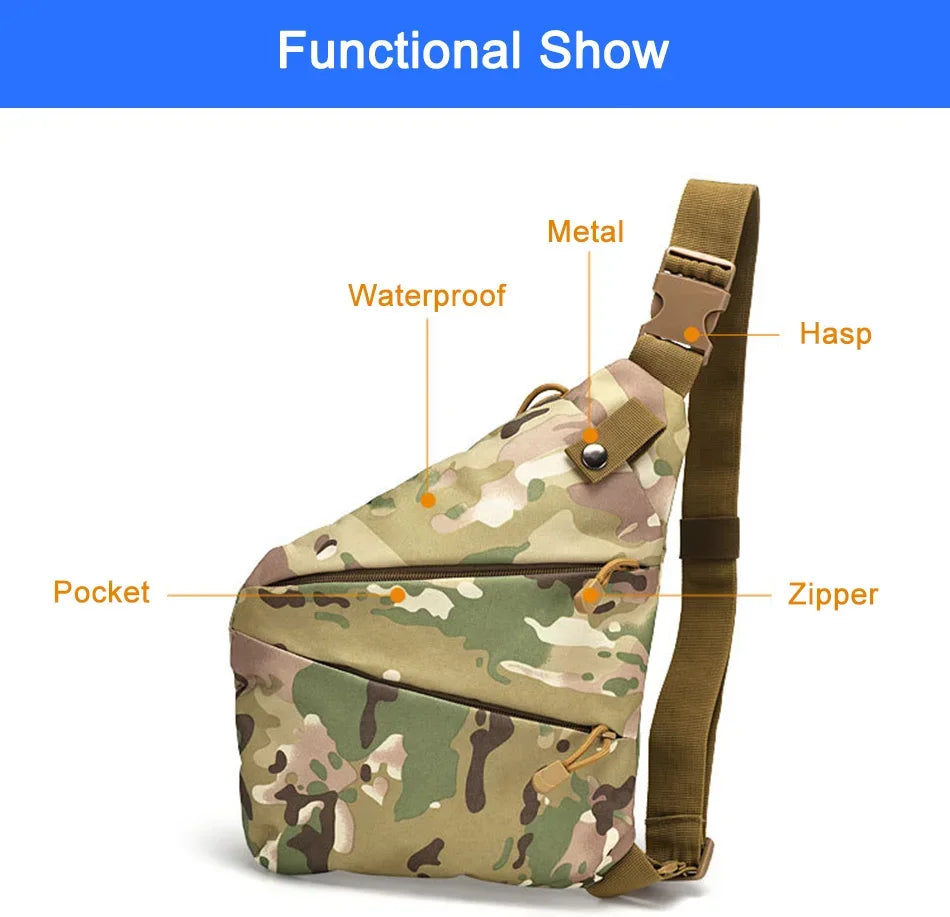 Camo-print men’s crossbody sling bag with adjustable strap, secure zip pockets, and waterproof material.
