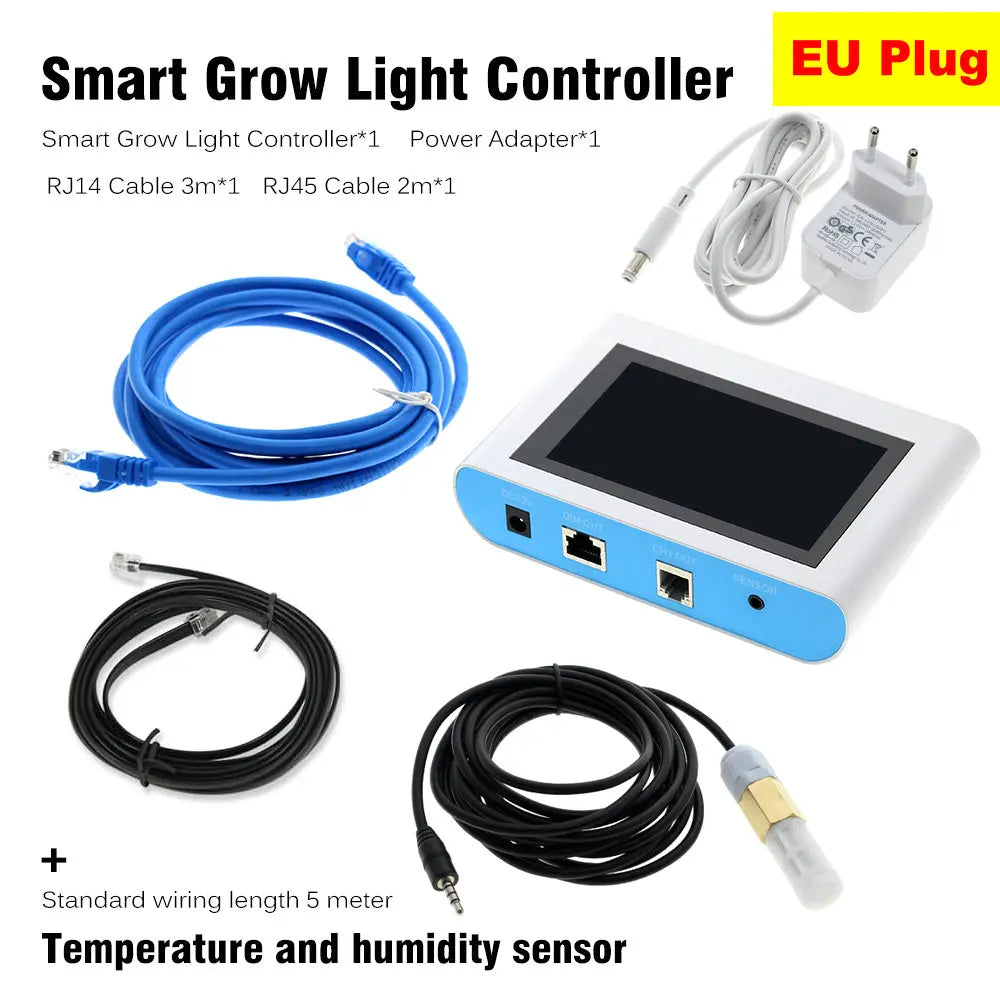 Smart grow light controller with a 4.3-inch touchscreen, EU power adapter, connection cables, and climate sensor.