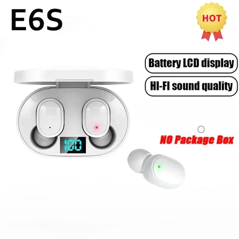 White wireless earbuds in a charging case with a digital battery display. Minimalist oval design.