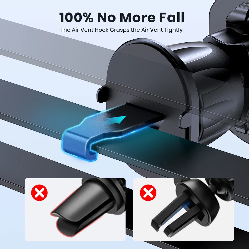 Black car phone holder mount with a blue hook mechanism designed to attach securely to air vent blades.