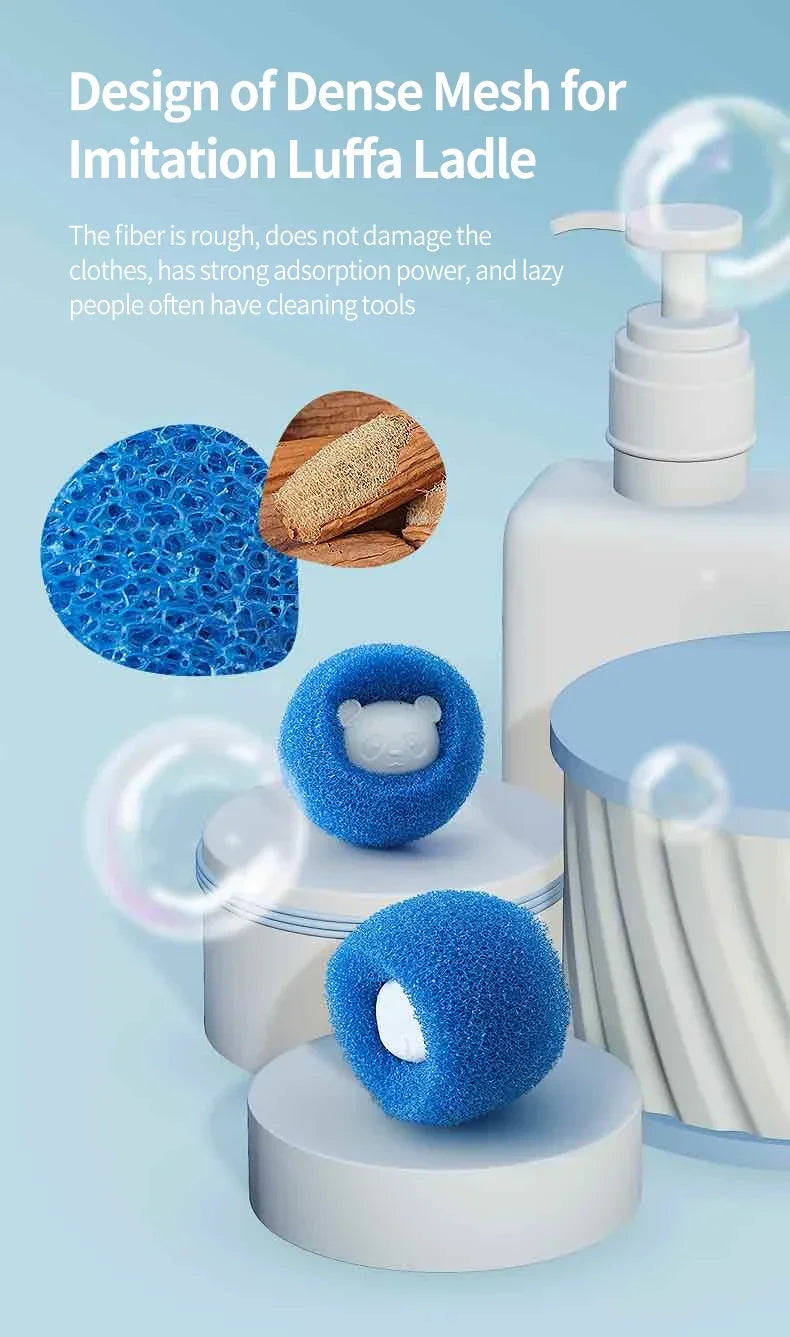 Blue, spherical, mesh laundry cleaning sponges featuring cute bear-shaped centres, set against bathroom products.