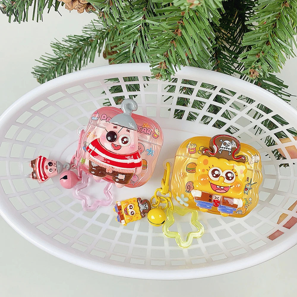 Two cartoon-themed silicone AirPods cases, pink and yellow, featuring Spongebob characters and star-shaped charms.