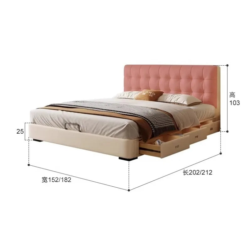 Minimalist cream wooden bed frame with a button-tufted pink headboard and integrated side storage drawers.