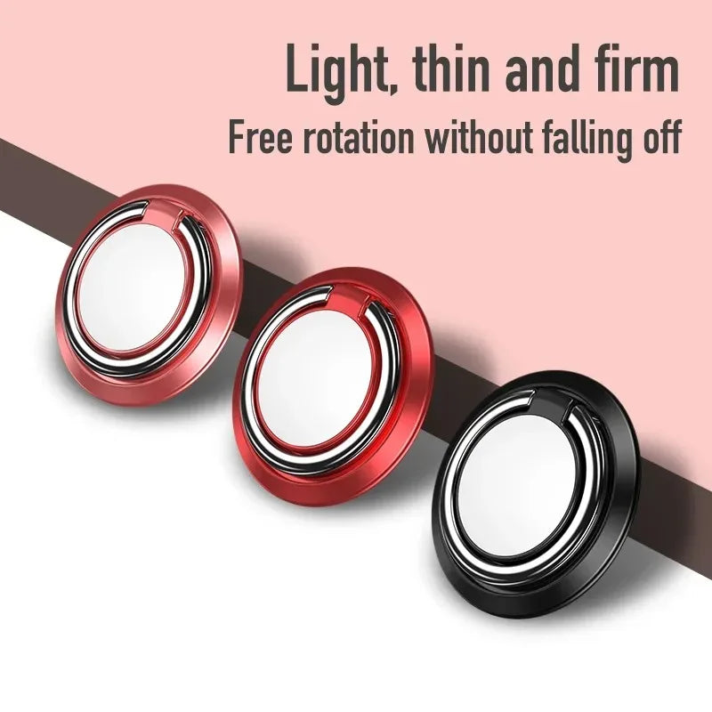 Three circular metallic phone ring holders in red and black, featuring a rotating center ring design.