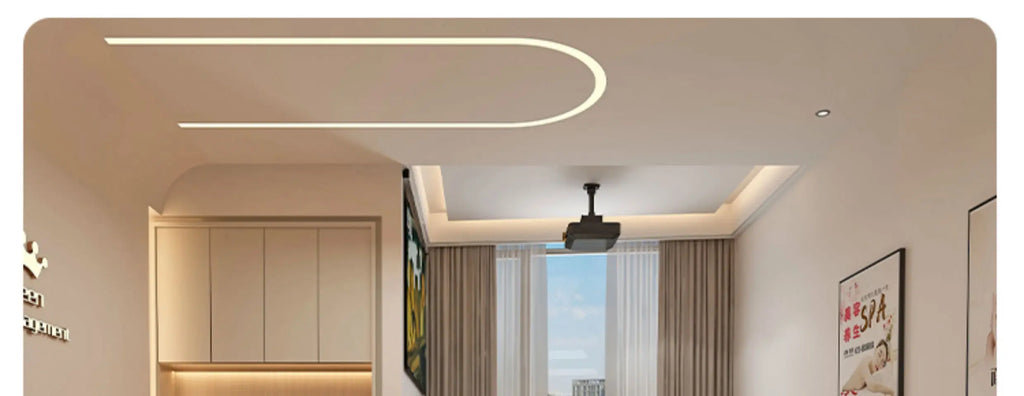 Modern professional massage bed in a minimalist room with cream tones, hidden storage, and stylish ceiling lighting.