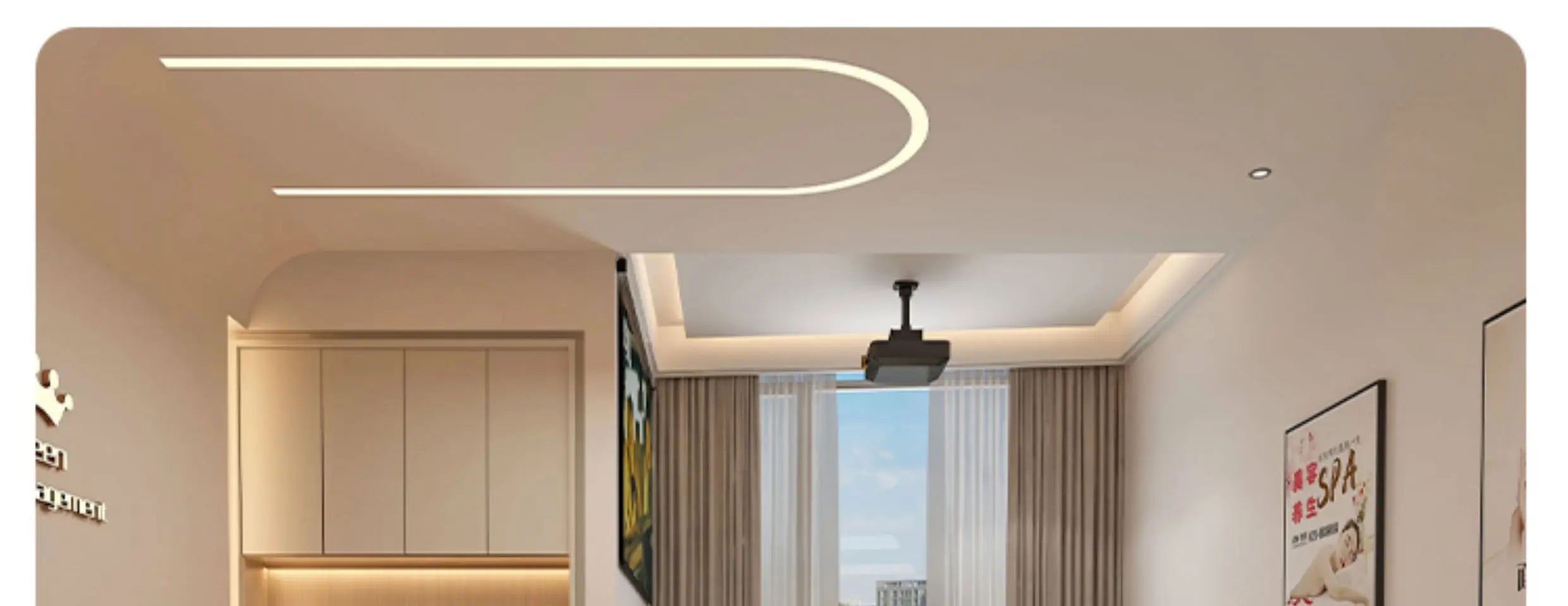 Modern professional massage bed in a minimalist room with cream tones, hidden storage, and stylish ceiling lighting.