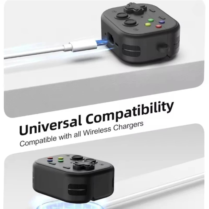 Black retro gaming controller style silicone AirPods case, compatible with wireless charging.