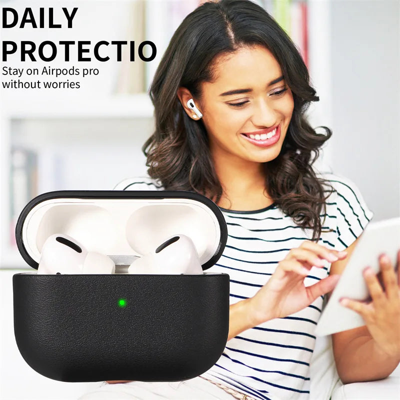 Black leather-look protective case for AirPods Pro, featuring a secure fit and LED charging light visibility.