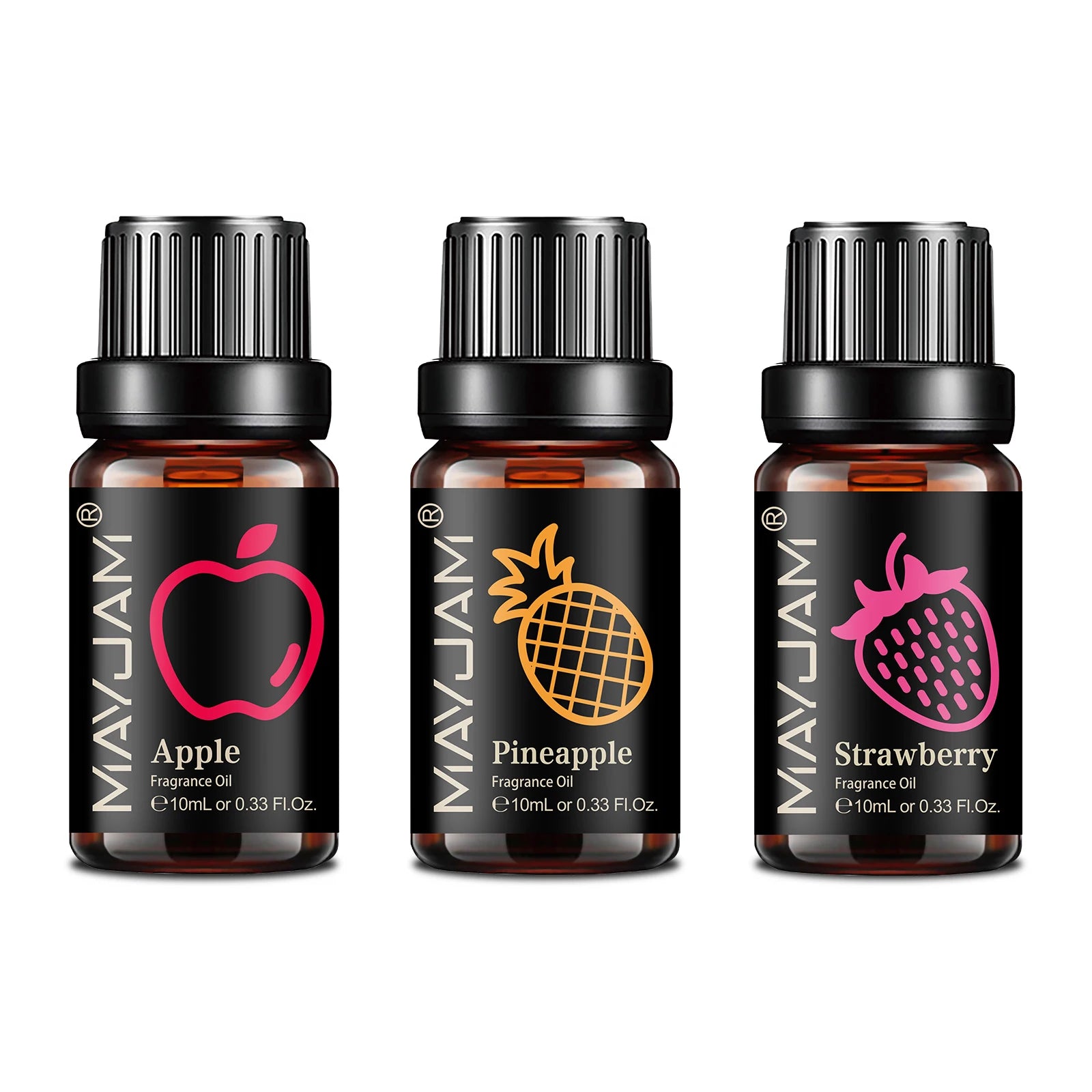 Three 10ml amber glass bottles of fruit-scented fragrance oil with black labels for apple, pineapple, and strawberry.