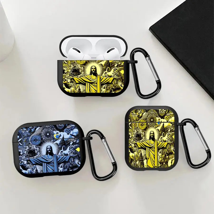 Three black protective cases for AirPods Pro with yellow or blue artistic Jesus graphic prints and metal carabiners.