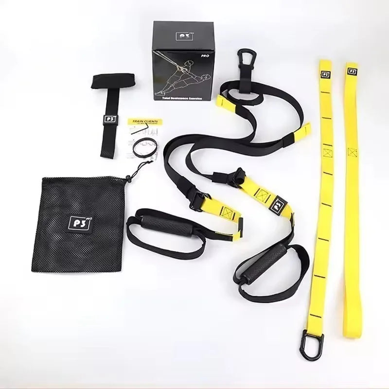 Black and yellow suspension training kit with straps, handles, door anchor, mesh bag, and box.