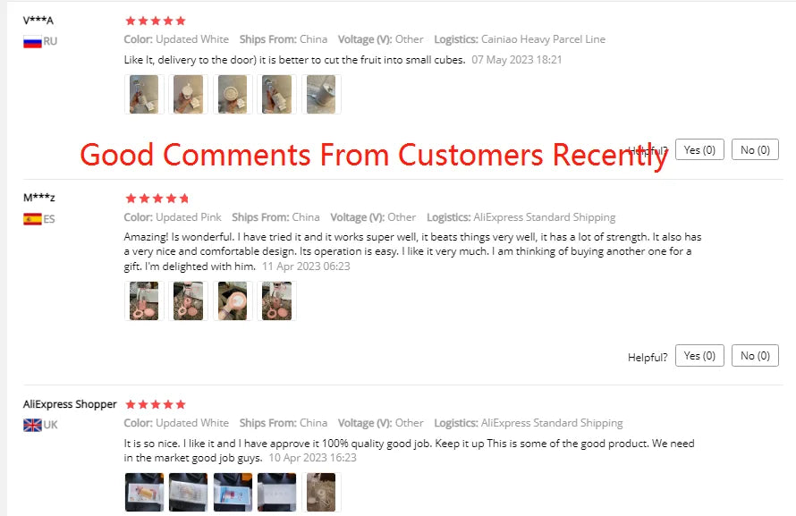 Customer reviews for a portable, cylindrical blender available in white or pink, shown in lifestyle photos.