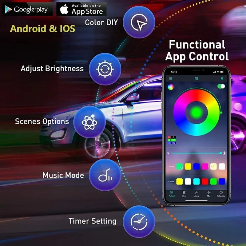Car LED interior RGB ambient light kit with a smartphone displaying a colorful app control wheel.