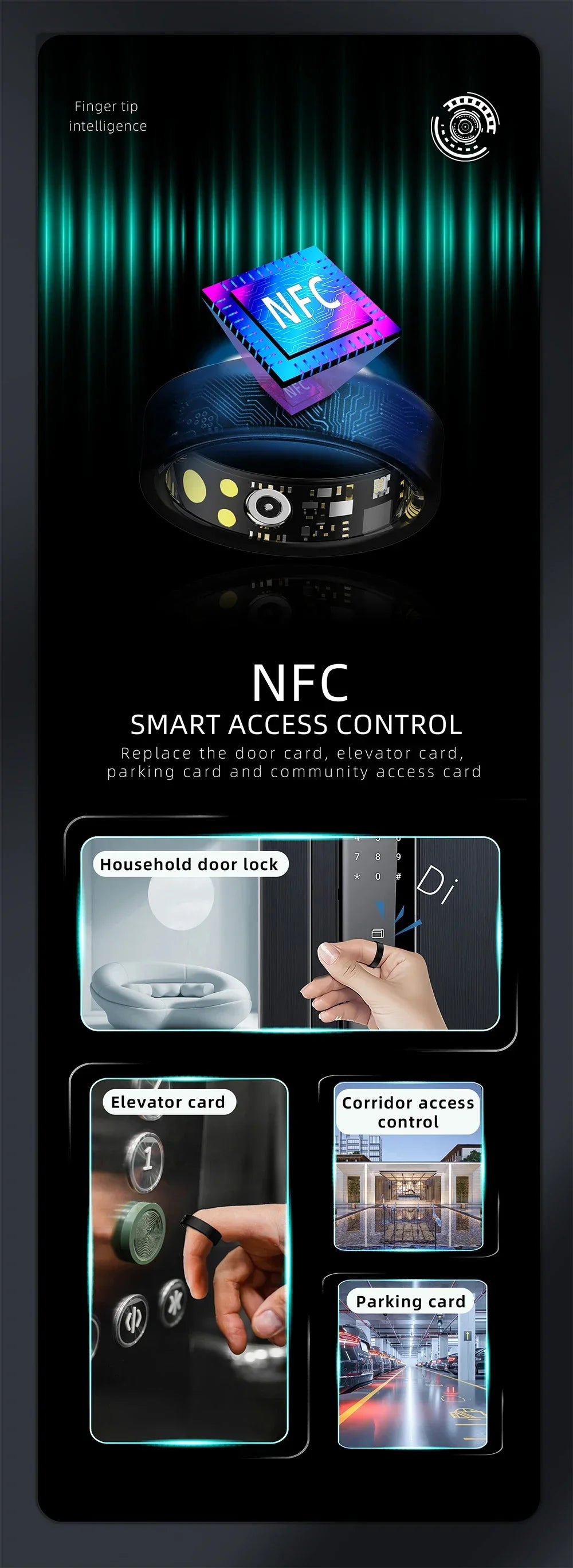 A sleek black NFC smart ring featuring health sensors, used for contactless access to doors, lifts and car parks.