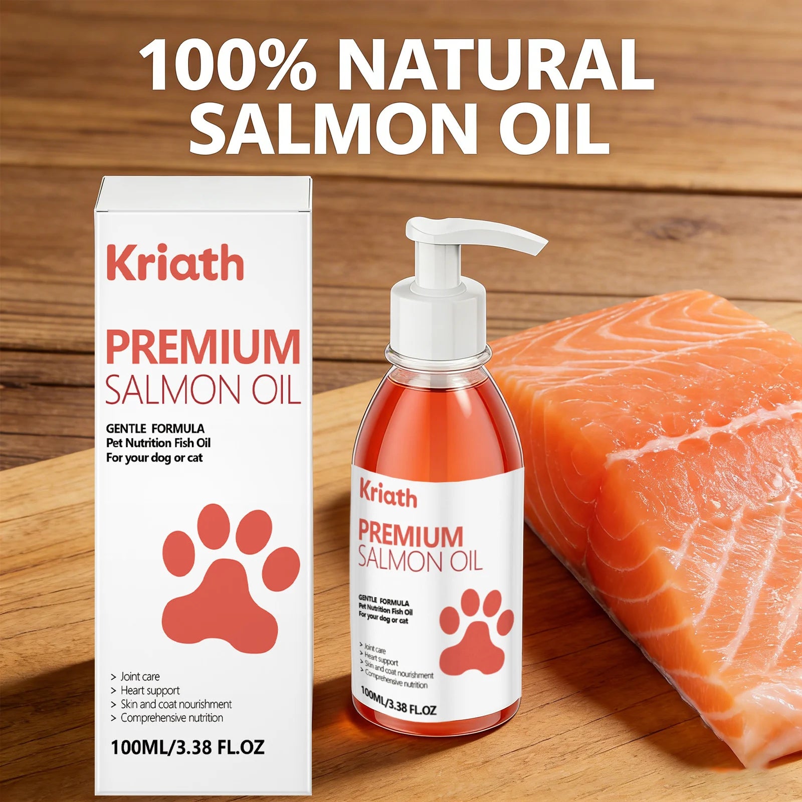 Bottle of 100ml natural salmon oil for cats and dogs, with pump dispenser and box on a wooden board with raw salmon.