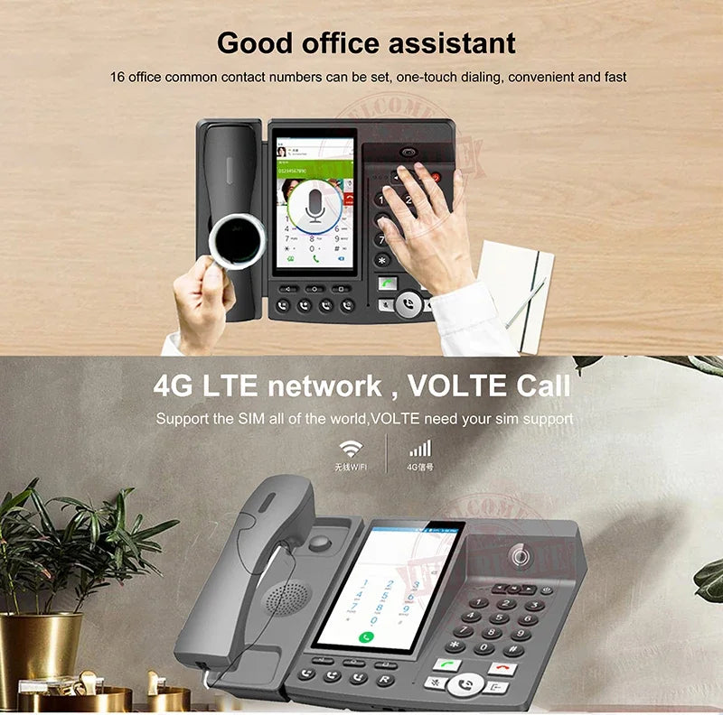 Grey office desk phone with a touchscreen display, keypad, and 4G LTE/VoLTE calling support for easy communication.