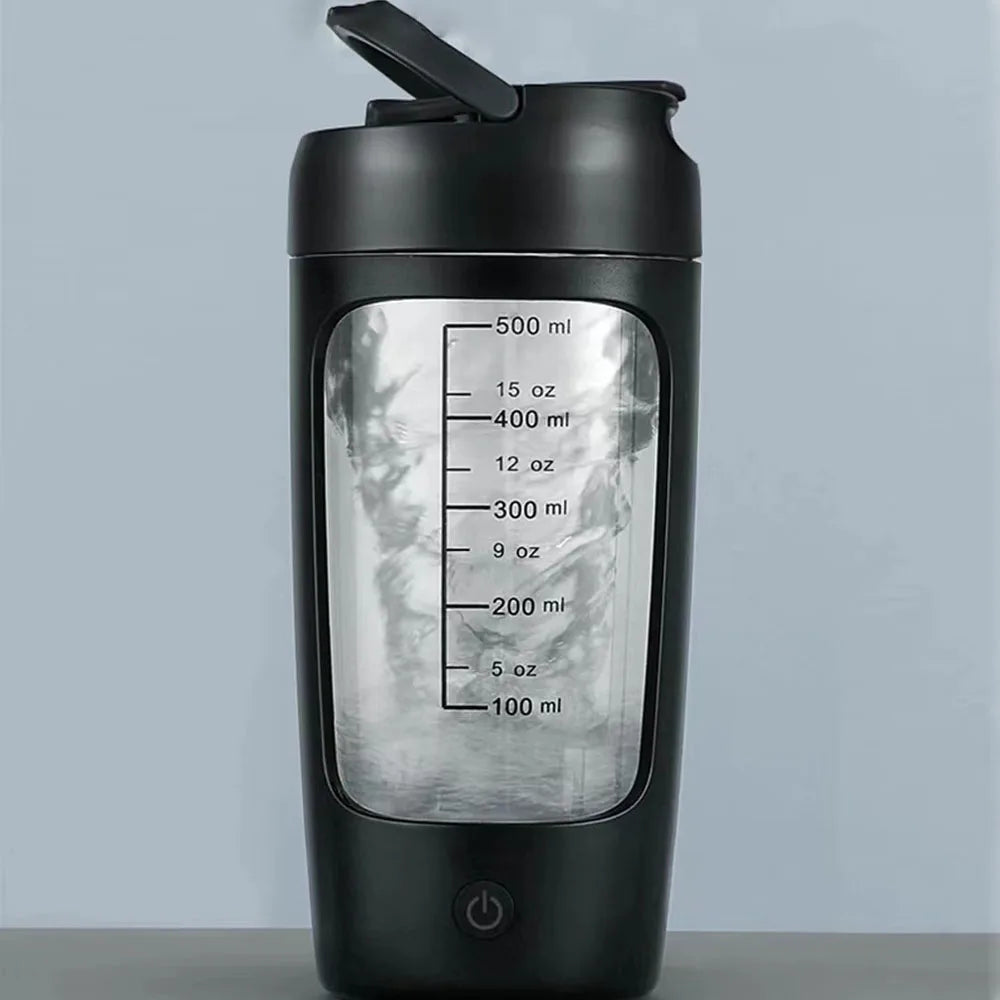 Black electric protein shaker bottle with a clear central window featuring measurement markings in ml and oz.
