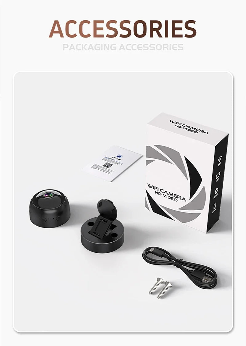 Black wireless 4K security camera with mount, charging cable, screws, and product packaging.