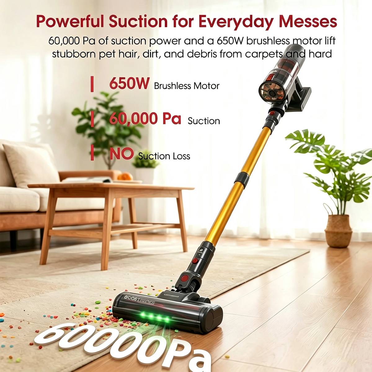 Cordless stick vacuum in gold and black with an LED floor head cleaning debris on a rug and hardwood floor.