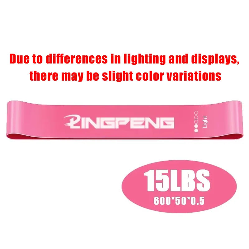 Pink Ringpeng light resistance band, 15lbs strength, flat loop design with white branding and size details.