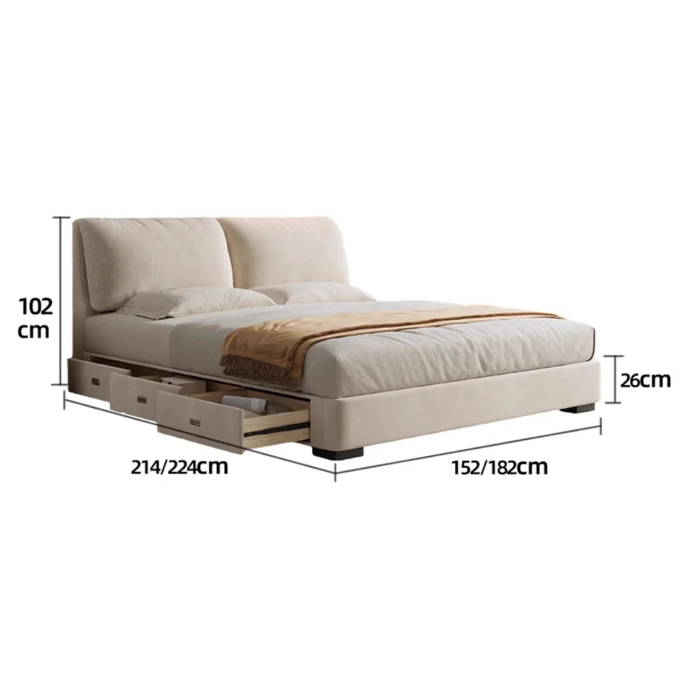 Modern cream upholstered storage bed with a plush padded headboard and integrated side drawers.