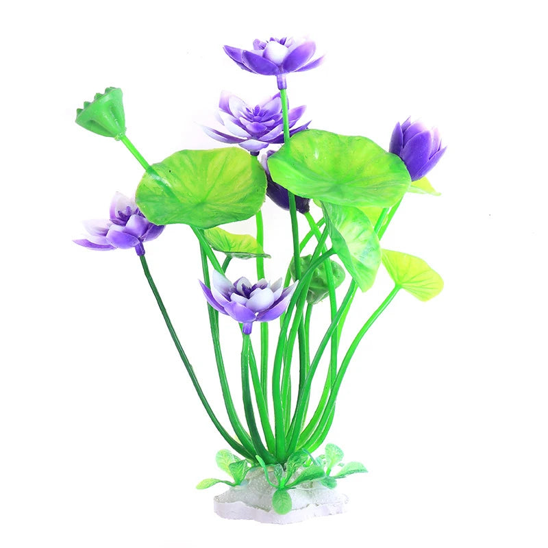 Artificial aquarium plant featuring vibrant purple lotus flowers, bright green lily pads, and a white stone-look base.