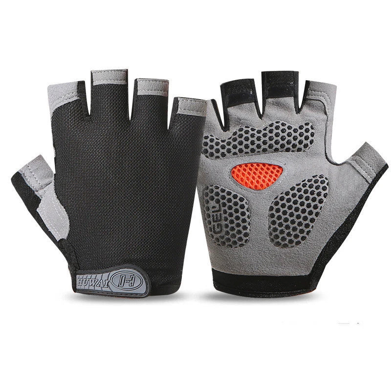 Fingerless black and grey cycling gloves with gel-padded palms and orange mesh detailing.