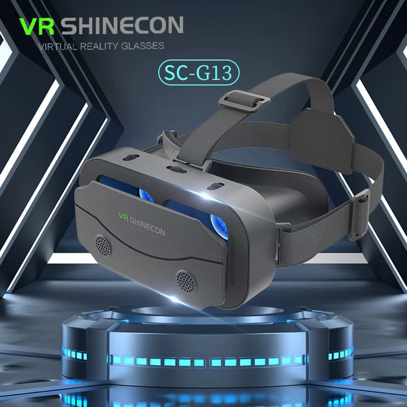 Dark gray VR Shinecon virtual reality headset with adjustable straps, dual 3D lenses, and speaker grills.