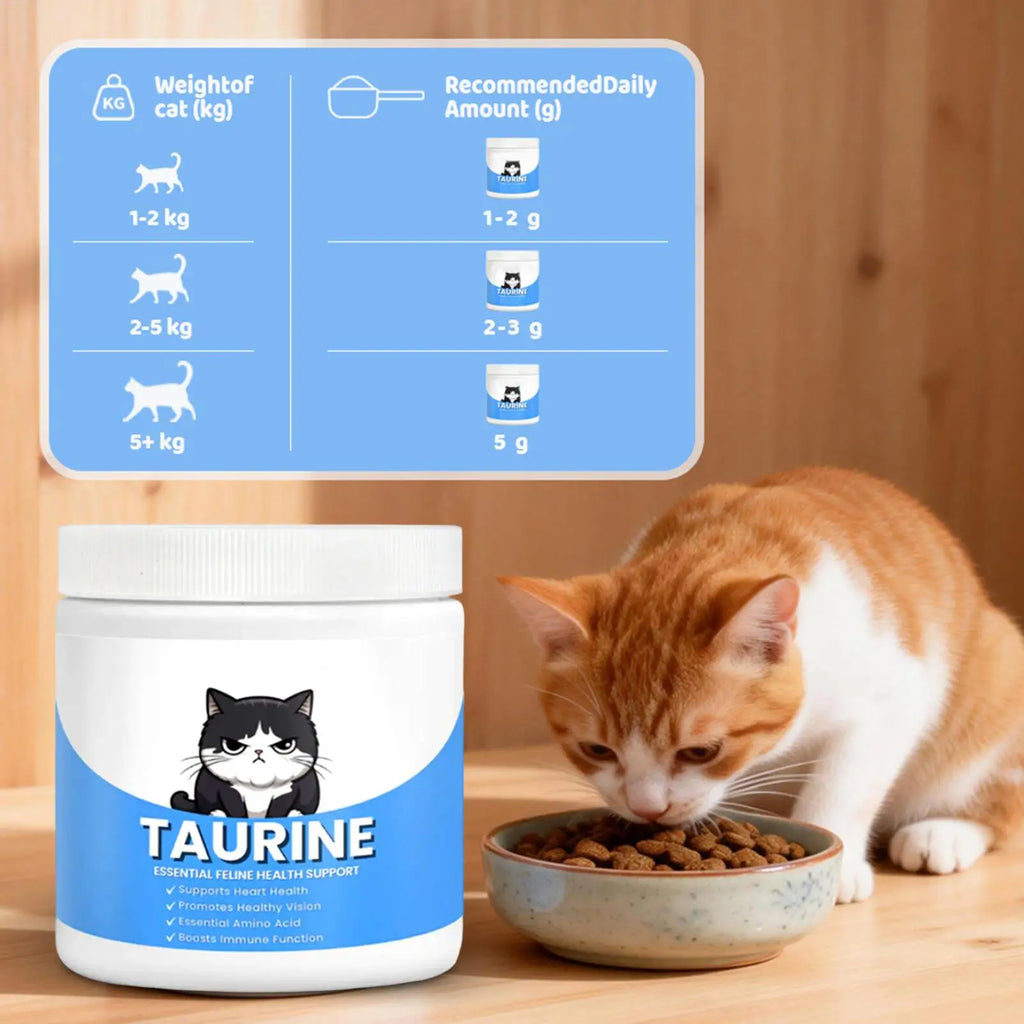 White tub of taurine feline supplement next to an orange cat eating from a bowl, with a daily dosage guide chart.