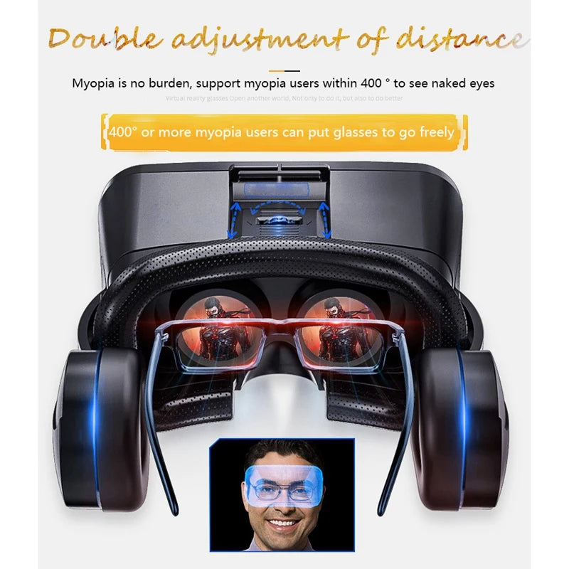 Black VR headset with integrated headphones, showing adjustable lens distance for use with or without prescription glasses.