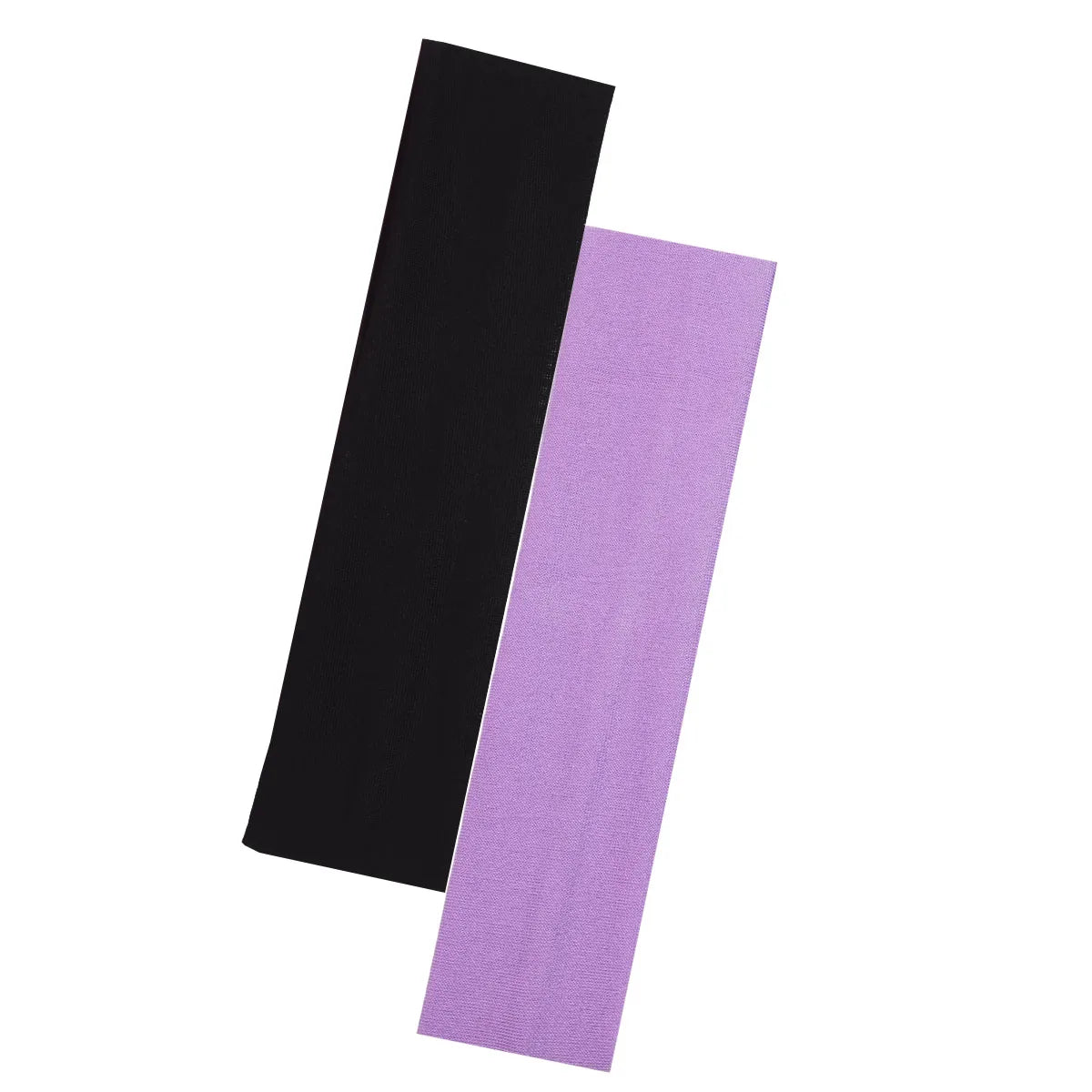 Two plain fabric headbands: one black and one lilac, positioned diagonally on a white background.