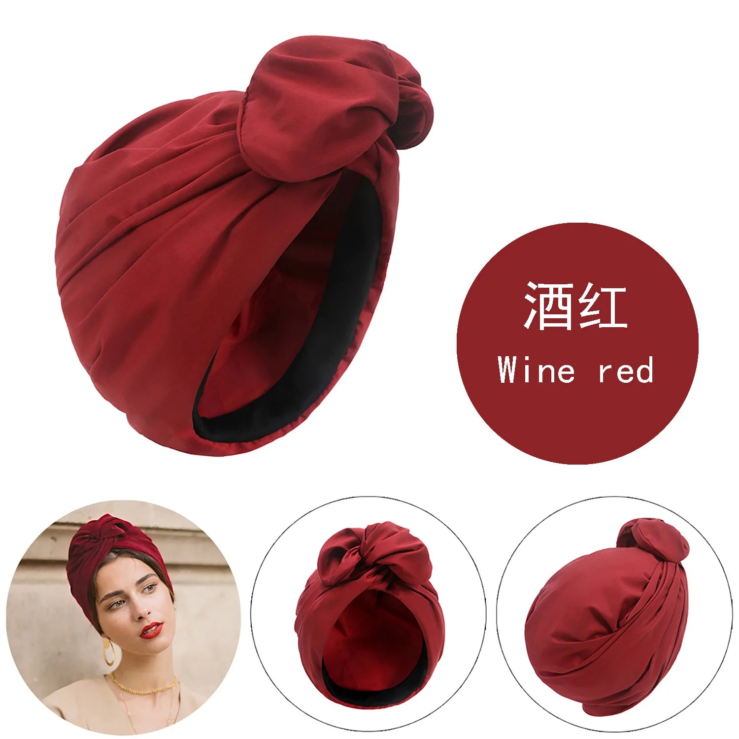 Wine red vintage-style turban hat featuring a decorative front knot, shown on a model and from multiple angles.