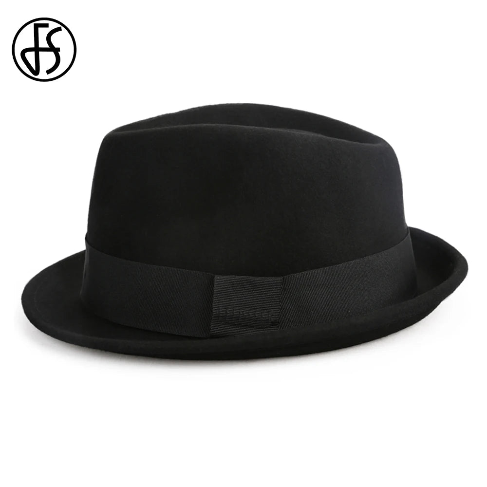 Classic black unisex wool felt fedora with a matching grosgrain ribbon band.