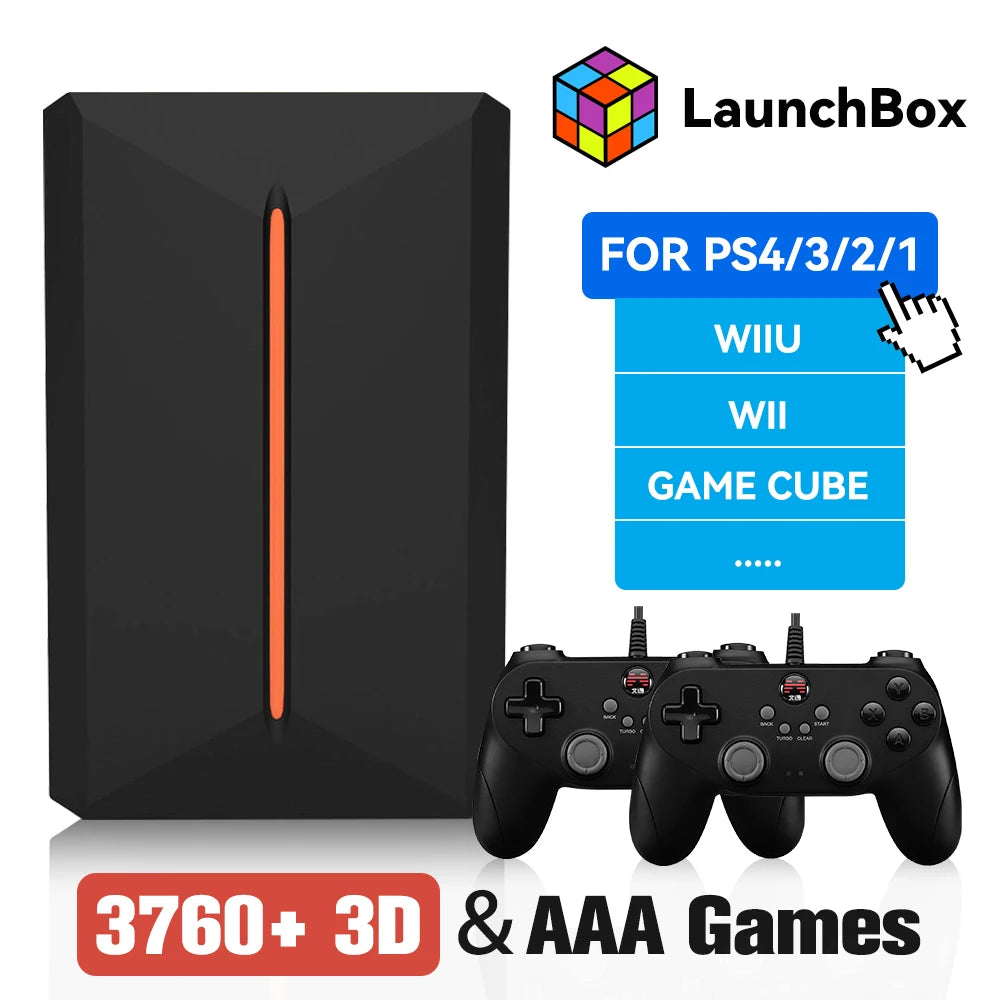 Black rectangular LaunchBox external hard drive with a vertical orange light strip and two black game controllers.