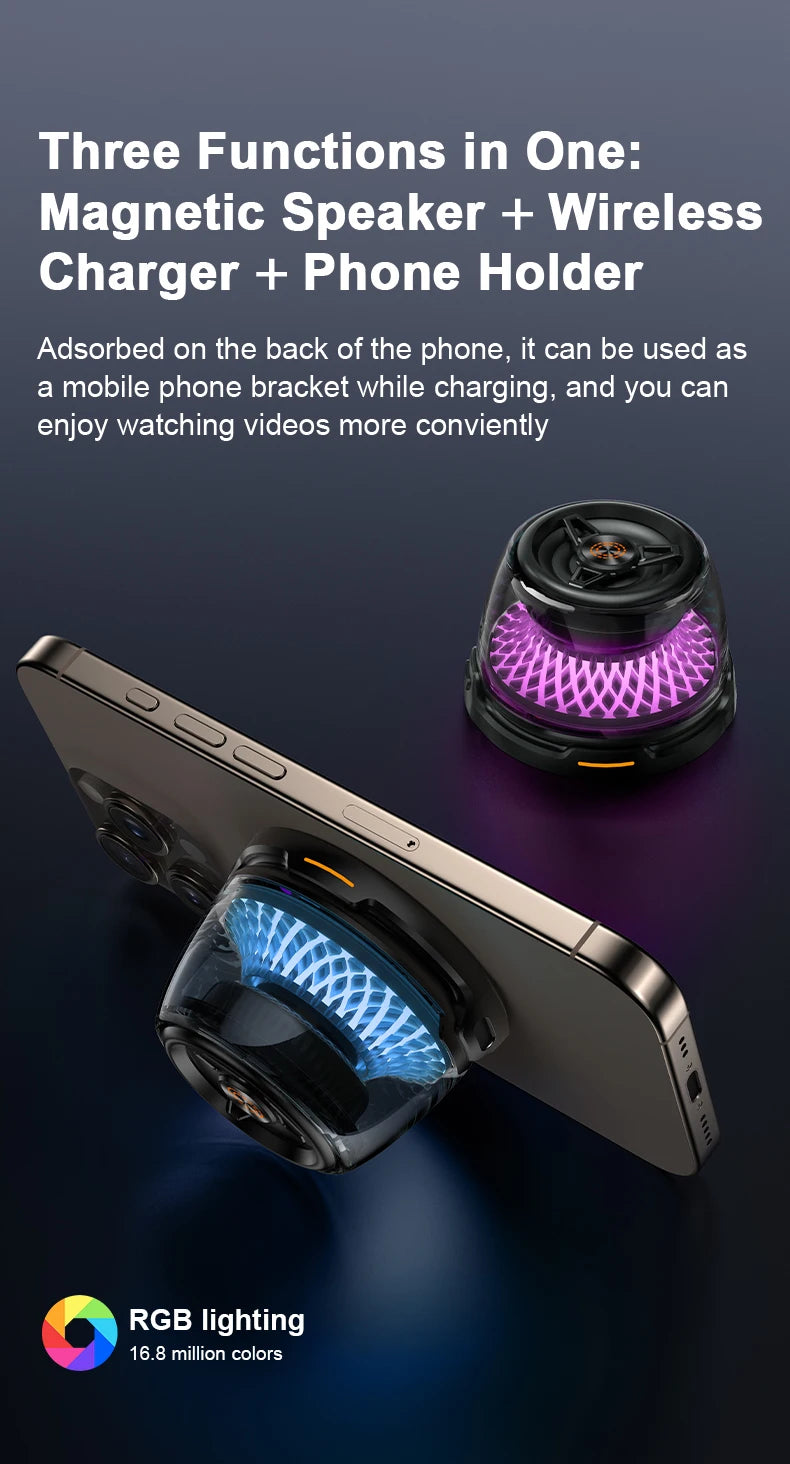 Black, portable magnetic Bluetooth speaker with vibrant RGB lighting, functioning as a wireless charger and phone stand.