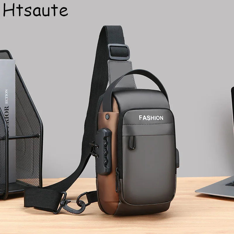 Modern grey and bronze anti-theft crossbody sling bag with a secure combination lock and integrated USB charging port.