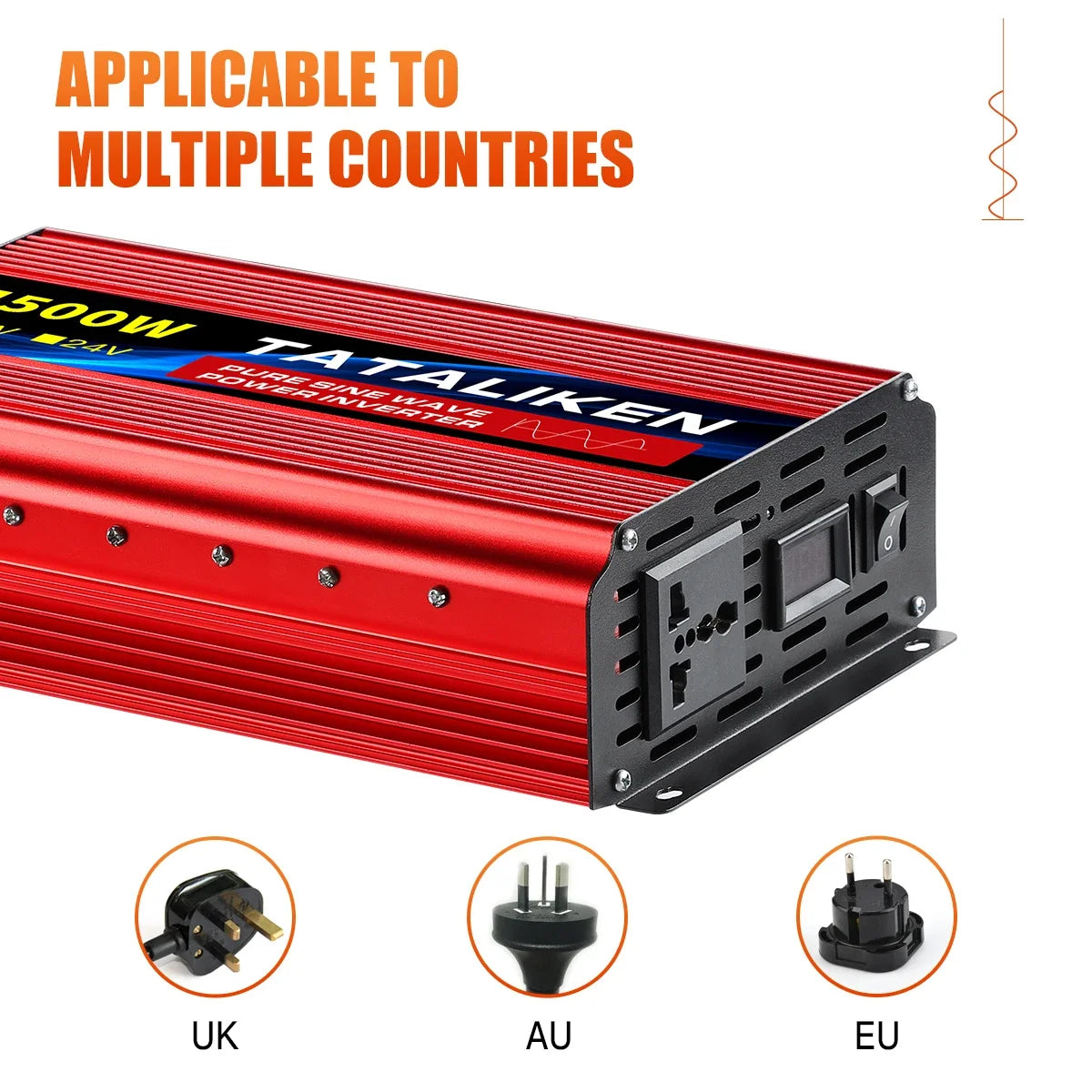 Red metal pure sine wave power inverter with a display screen, power switch, and universal plug outlet.