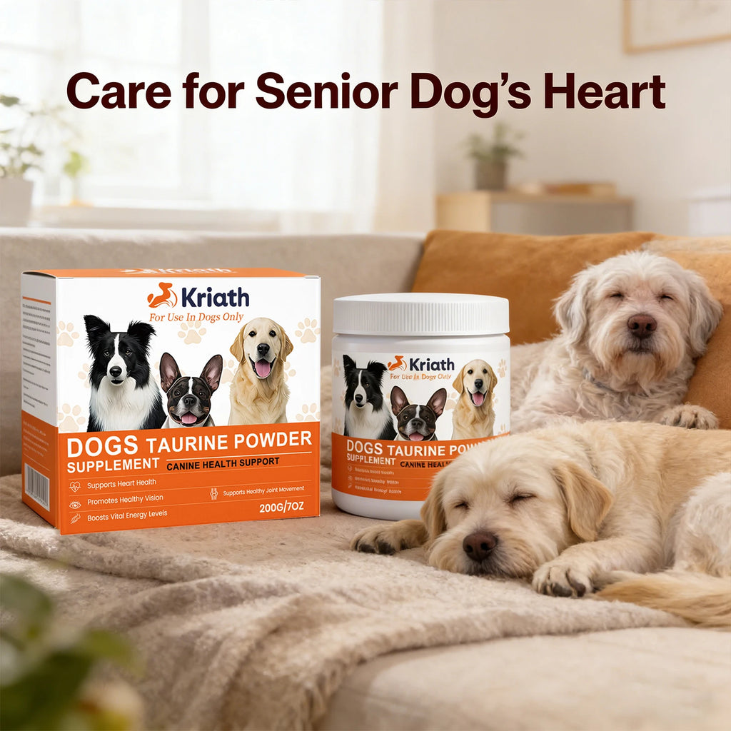 Taurine powder supplement for senior dogs in an orange box and white tub to support heart health, vision, and joints.