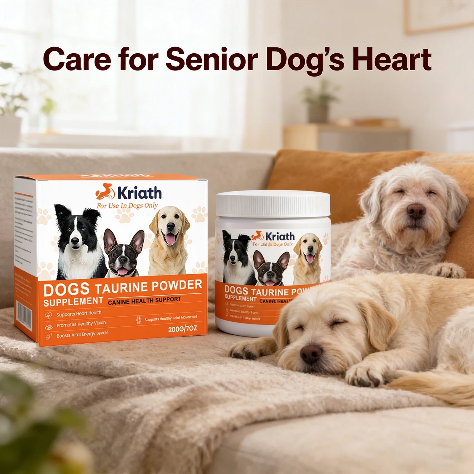 Taurine powder supplement for senior dogs in an orange box and white tub to support heart health, vision, and joints.
